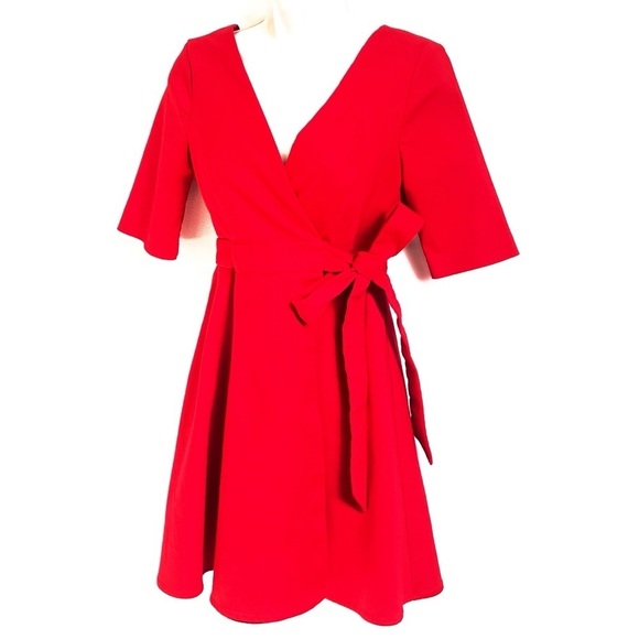 Zara V Neck Solid Red Wrap Mini Dress Short Sleeve Extra Small Sash Tie - Picture 5 of 10